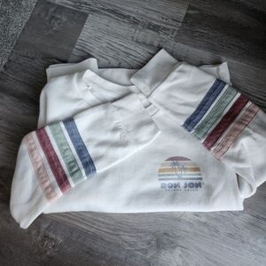 Ron Jon Cocoa Beach Sweatshirt Large Cream Rainbow Stripe Sleeve Retro Surf Pull